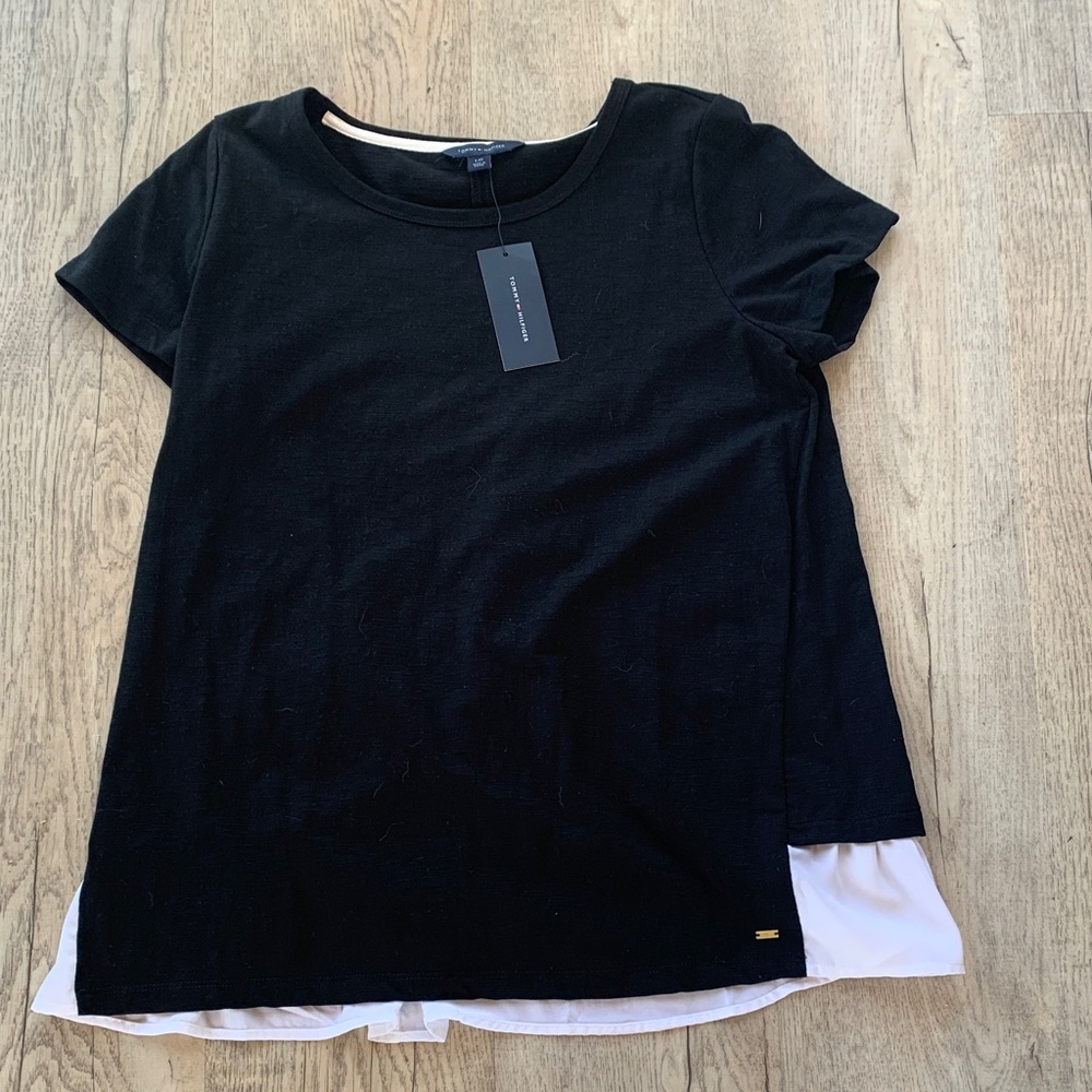 Tommy Hilfiger Black Short-Sleeve Layered-Look Tee with White Hem Size L